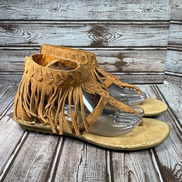 MINNETONKA Women's 10 Brown Ankle Suede Thong Fringe Back Zip Shoes Sandals EUC - Picture 1 of 9